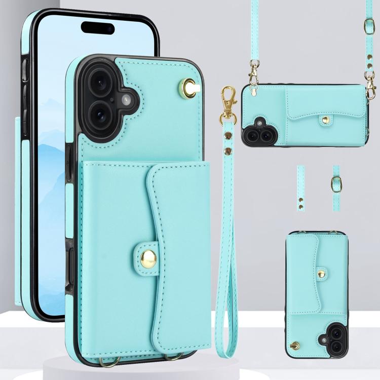 For iPhone 17 RFID Card Slot Phone Case with Long Lanyard(Mint Green)