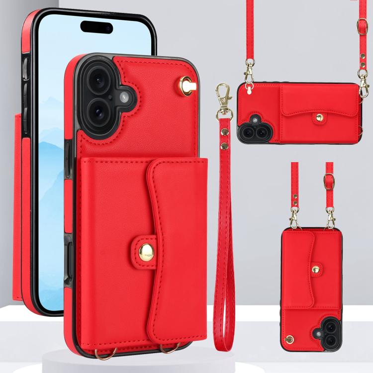 For iPhone 17 RFID Card Slot Phone Case with Long Lanyard(Red)