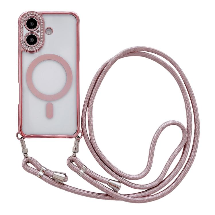 For iPhone 17 Rhinestone Clear Acrylic Electroplated Magnetic Phone Case with Neck Lanyard(Pink)
