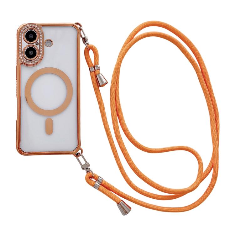 For iPhone 17 Rhinestone Clear Acrylic Electroplated Magnetic Phone Case with Right-Side Crossbody Lanyard(Orange)