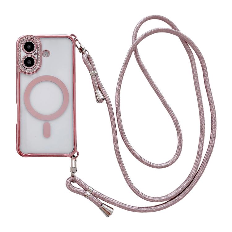 For iPhone 17 Rhinestone Clear Acrylic Electroplated Magnetic Phone Case with Right-Side Crossbody Lanyard(Pink)