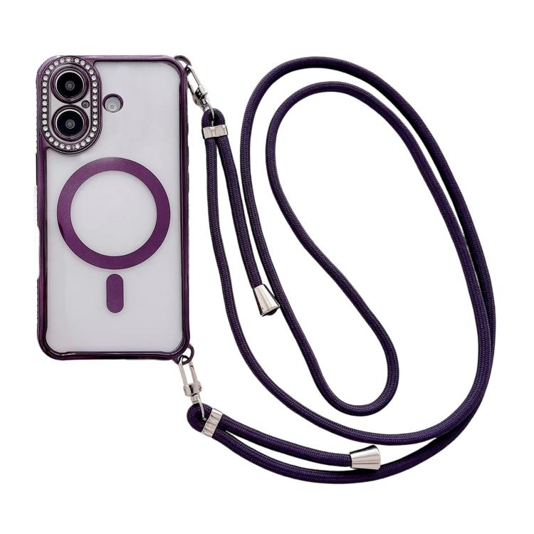 For iPhone 17 Rhinestone Clear Acrylic Electroplated Magnetic Phone Case with Right-Side Crossbody Lanyard(Purple)