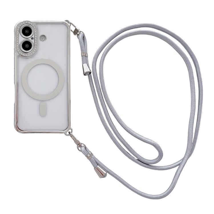 For iPhone 17 Rhinestone Clear Acrylic Electroplated Magnetic Phone Case with Right-Side Crossbody Lanyard(Silver)