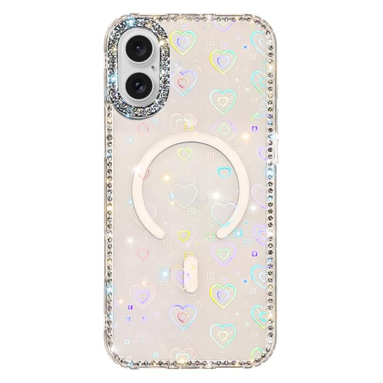 For iPhone 17 Rhinestone Dual-side IMD PC Hybrid TPU Magnetic Phone Case(Heart Transparent)