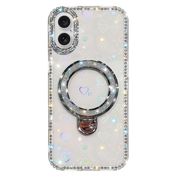 For iPhone 17 Rhinestone Glitter Kickstand Dual-side IMD Phone Case(Heart Transparent)