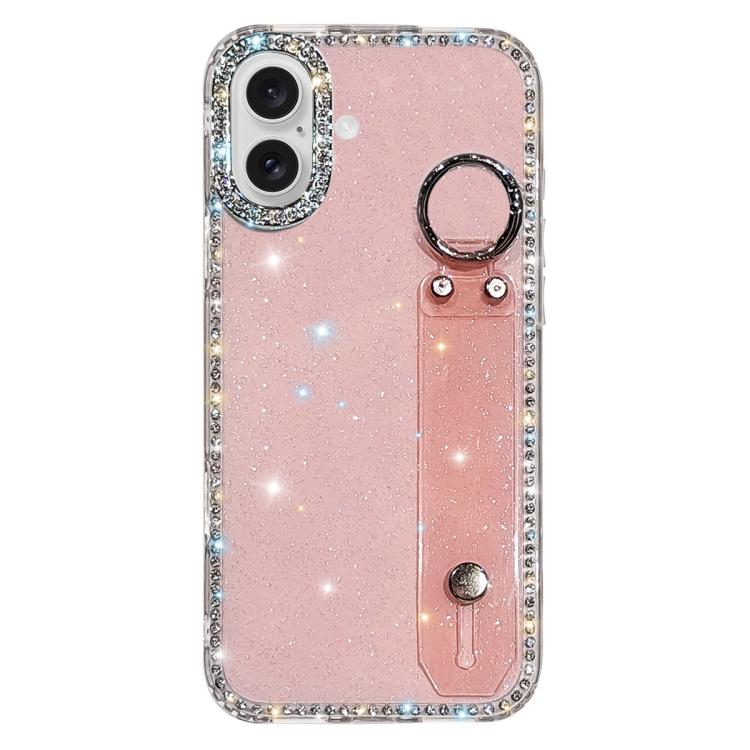 For iPhone 17 Rhinestone Glitter Wristband Holder Phone Case(Glitter Light Pink)
