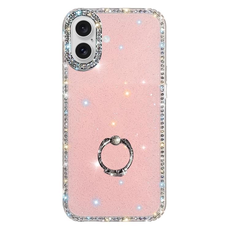 For iPhone 17 Rhinestone Ring Holder Dual-side IMD PC Hybrid TPU Phone Case(Glitter Light Pink)