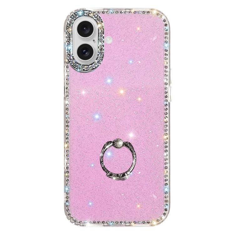 For iPhone 17 Rhinestone Ring Holder Dual-side IMD PC Hybrid TPU Phone Case(Glitter Light Purple)