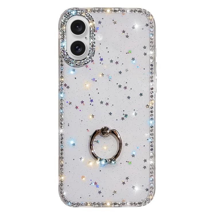 For iPhone 17 Rhinestone Ring Holder Dual-side IMD PC Hybrid TPU Phone Case(Glitter Stars)