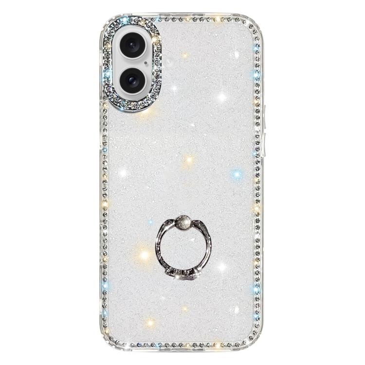 For iPhone 17 Rhinestone Ring Holder Dual-side IMD PC Hybrid TPU Phone Case(Glitter Transparent)