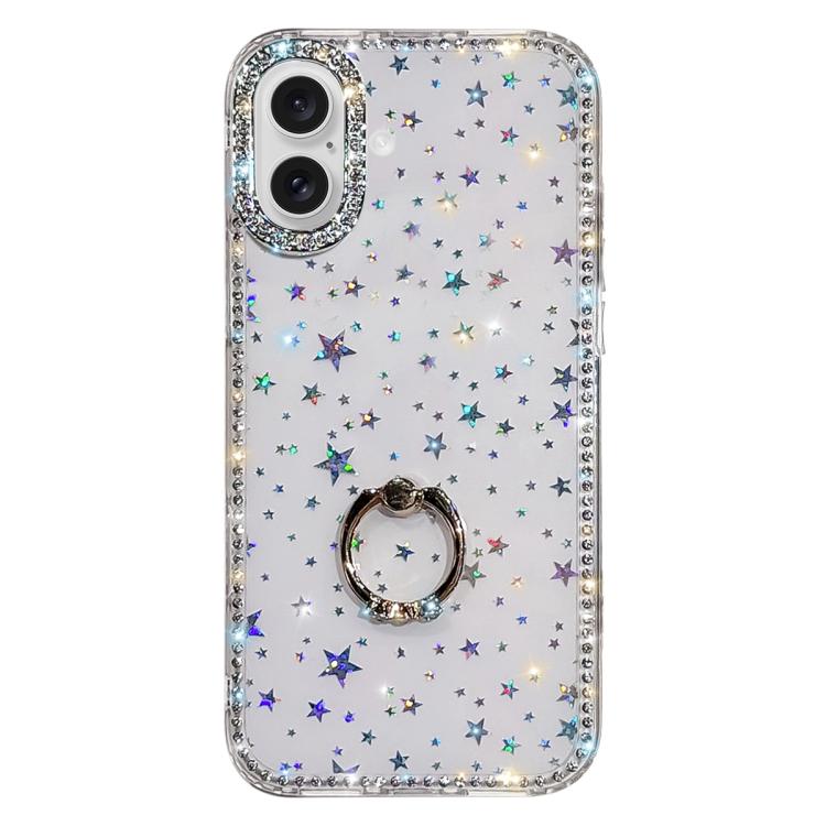 For iPhone 17 Rhinestone Ring Holder Dual-side IMD PC Hybrid TPU Phone Case(Stars Transparent)