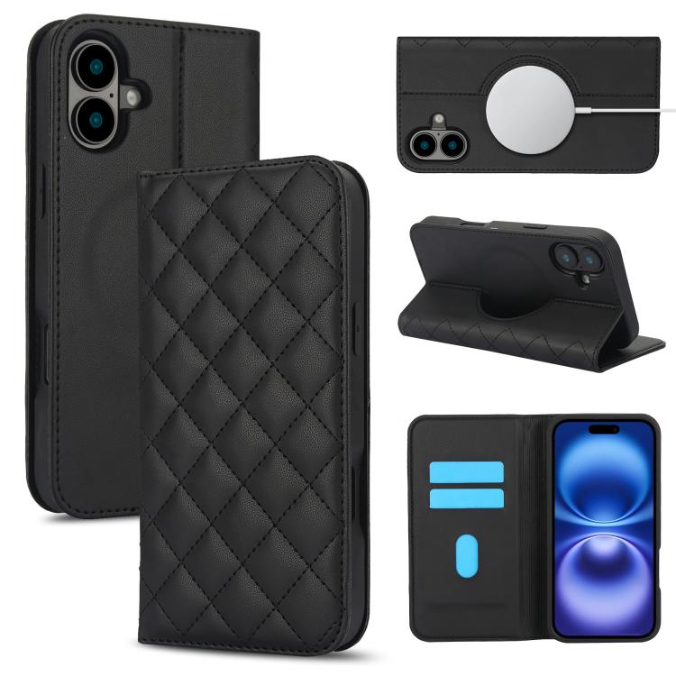 For iPhone 17 Rhombic MagSafe RFID Anti-Theft Wallet Leather Phone Case(Black)