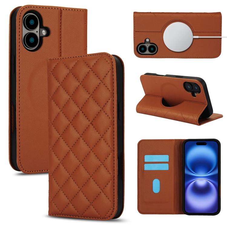 For iPhone 17 Rhombic MagSafe RFID Anti-Theft Wallet Leather Phone Case(Brown)