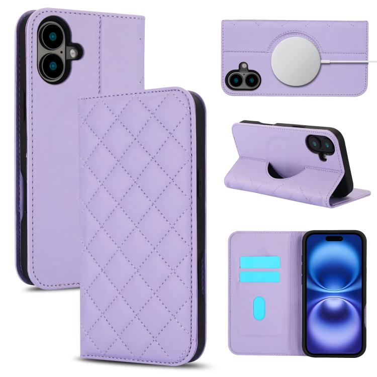 For iPhone 17 Rhombic MagSafe RFID Anti-Theft Wallet Leather Phone Case(Purple)