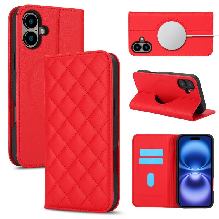 For iPhone 17 Rhombic MagSafe RFID Anti-Theft Wallet Leather Phone Case(Red)