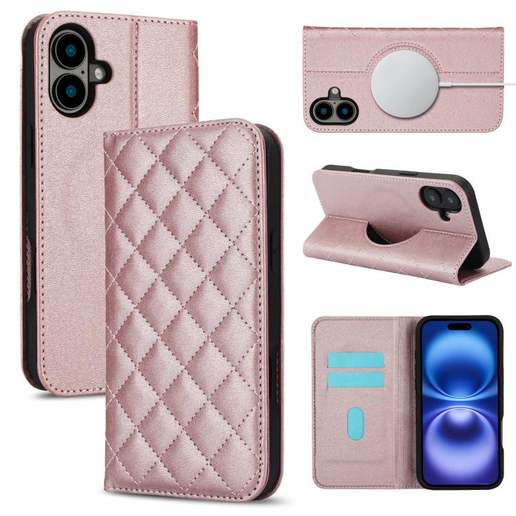 For iPhone 17 Rhombic MagSafe RFID Anti-Theft Wallet Leather Phone Case(Rose Gold)