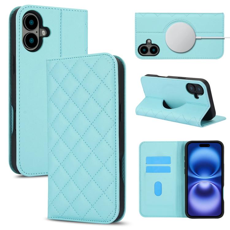 For iPhone 17 Rhombic MagSafe RFID Anti-Theft Wallet Leather Phone Case(Sky Blue)