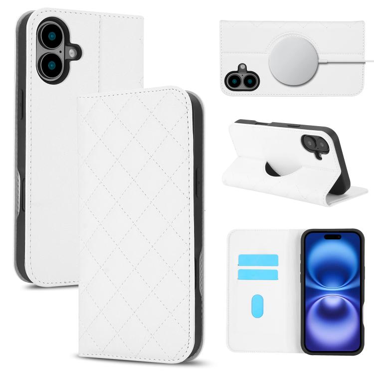 For iPhone 17 Rhombic MagSafe RFID Anti-Theft Wallet Leather Phone Case(White)