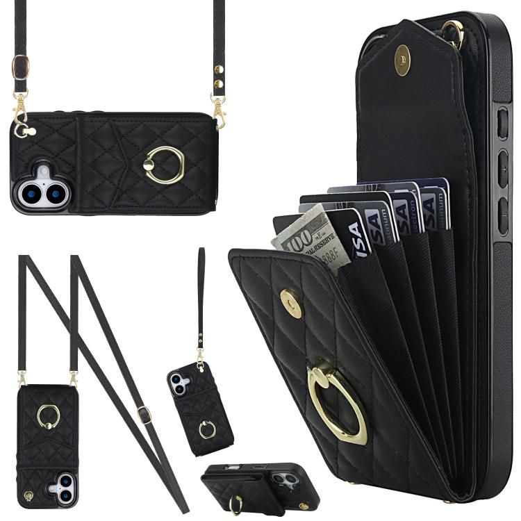 For iPhone 17 Rhombic Texture Card Bag Phone Case with Long Lanyard(Black)