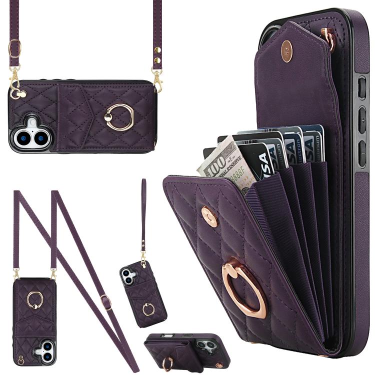 For iPhone 17 Rhombic Texture Card Bag Phone Case with Long Lanyard(Dark Purple)