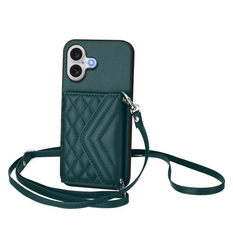 For iPhone 17 Rhombic Texture Card Bag RFID Phone Case with Long Lanyard(Green)
