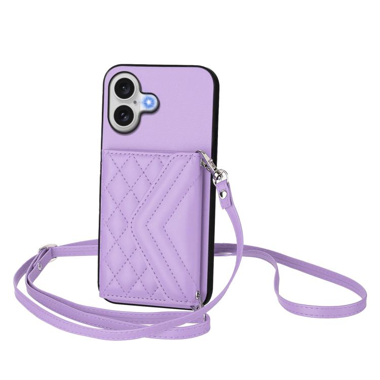 For iPhone 17 Rhombic Texture Card Bag RFID Phone Case with Long Lanyard(Light Purple)