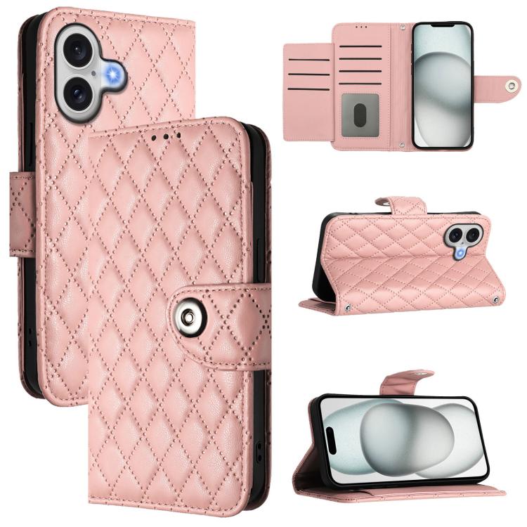 For iPhone 17 Rhombic Texture Flip Leather Phone Case with Lanyard(Coral Pink)