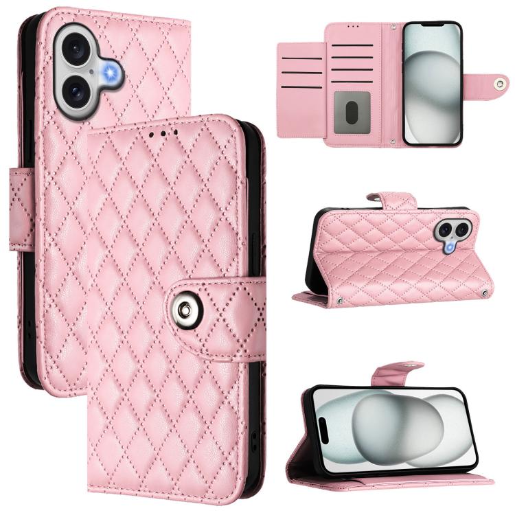 For iPhone 17 Rhombic Texture Flip Leather Phone Case with Lanyard(Pink)