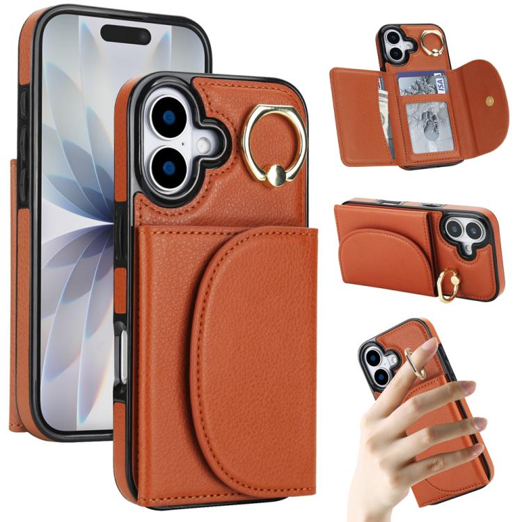 For iPhone 17 Ring Holder Card Bag Skin Feel Phone Case(Brown)