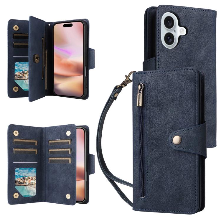 For iPhone 17 Rivet Buckle 9 Cards Three Fold Leather Phone Case(Blue)