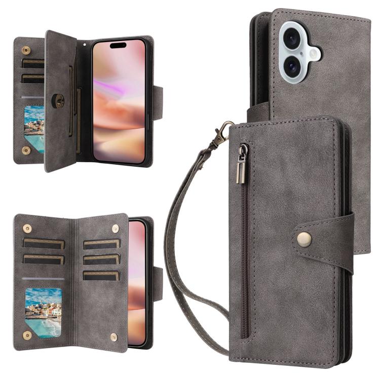 For iPhone 17 Rivet Buckle 9 Cards Three Fold Leather Phone Case(Grey)