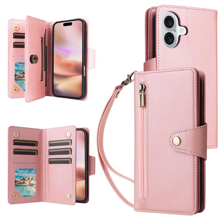 For iPhone 17 Rivet Buckle 9 Cards Three Fold Leather Phone Case(Rose Gold)