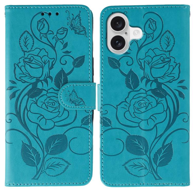 For iPhone 17 Rose Butterfly Embossed Leather Phone Case(Blue)