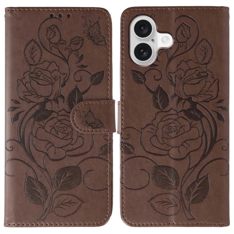 For iPhone 17 Rose Butterfly Embossed Leather Phone Case(Brown)