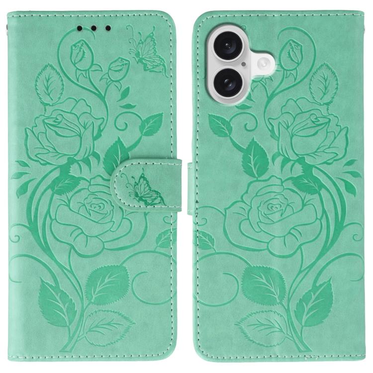 For iPhone 17 Rose Butterfly Embossed Leather Phone Case(Green)