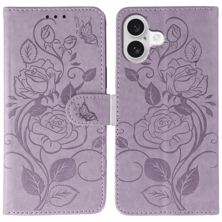 For iPhone 17 Rose Butterfly Embossed Leather Phone Case(Purple)