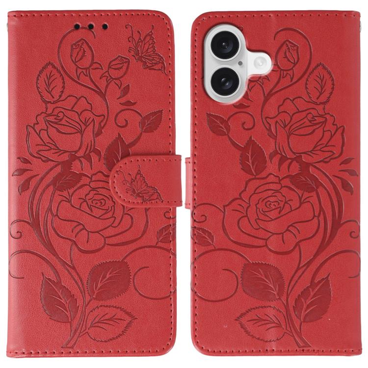 For iPhone 17 Rose Butterfly Embossed Leather Phone Case(Red)