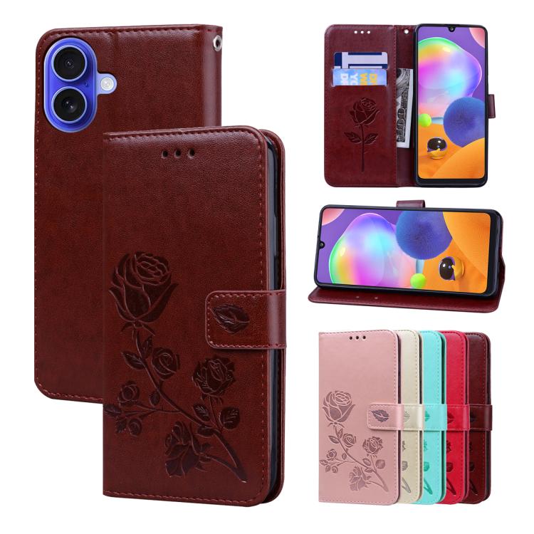 For iPhone 17 Rose Embossed Flip PU Leather Phone Case(Brown)