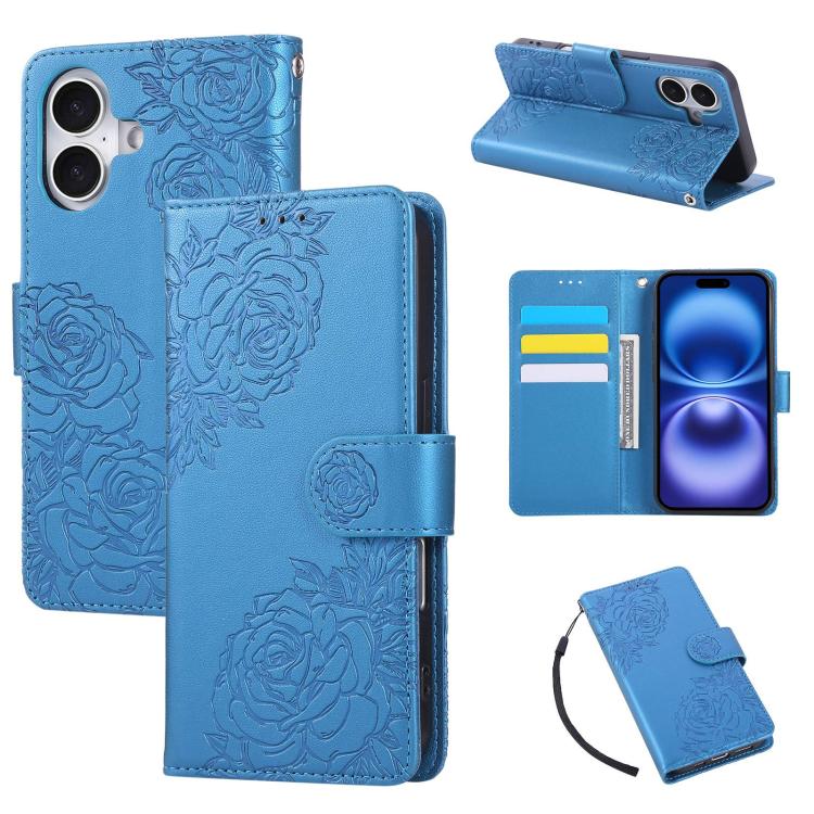 For iPhone 17 Rose Flower Embossed 3-Card Slots Leather Phone Case(Blue)