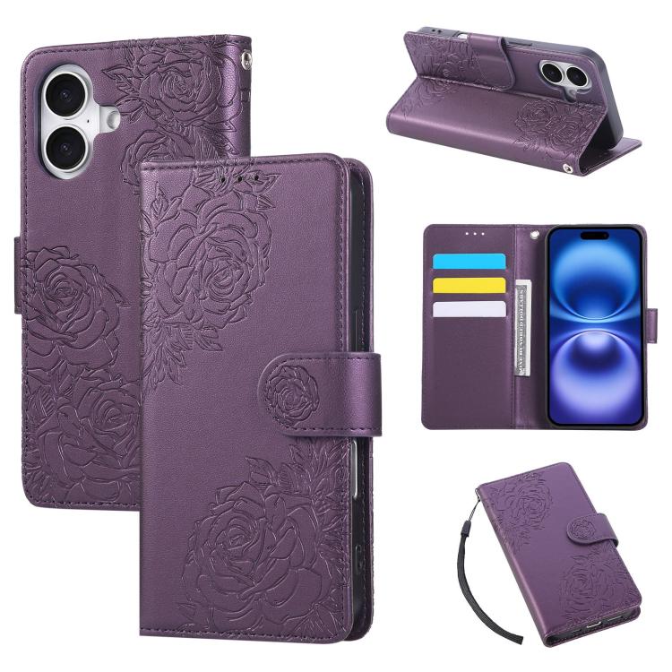 For iPhone 17 Rose Flower Embossed 3-Card Slots Leather Phone Case(Deep Purple)