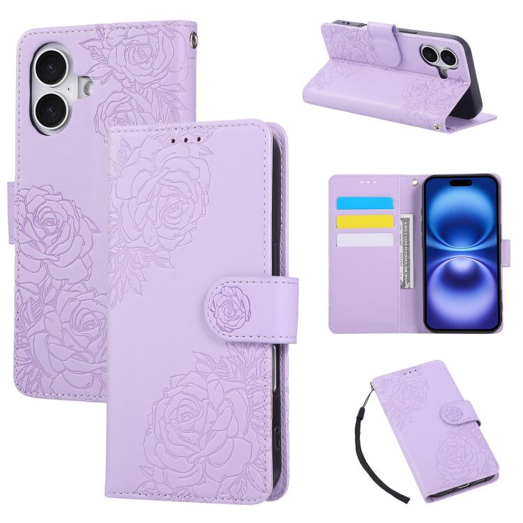 For iPhone 17 Rose Flower Embossed 3-Card Slots Leather Phone Case(Purple)