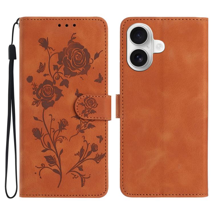 For iPhone 17 Rose Flower Embossing Pattern Leather Phone Case(Brown)