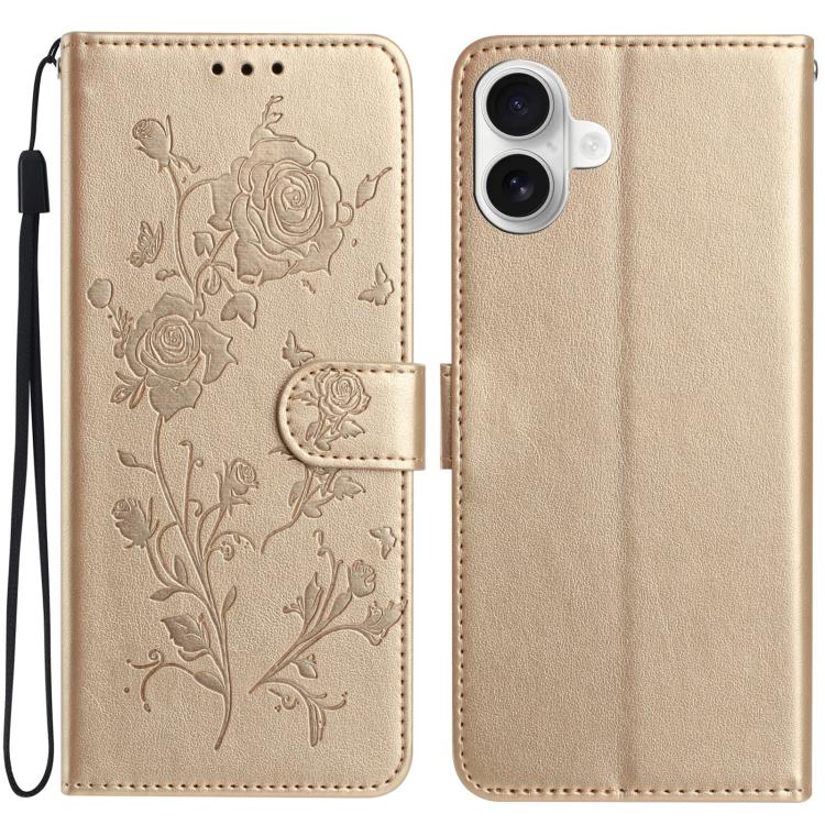 For iPhone 17 Rose Flower Embossing Pattern Leather Phone Case(Gold)