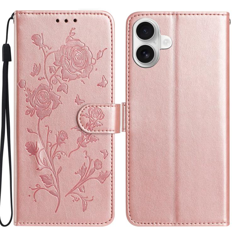 For iPhone 17 Rose Flower Embossing Pattern Leather Phone Case(Rose Gold)