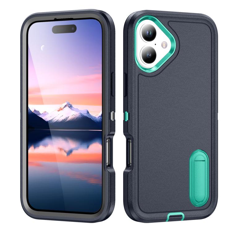 For iPhone 17 Rugged PC + Silicone Phone Case with Holder(Dark Blue+Light Green)