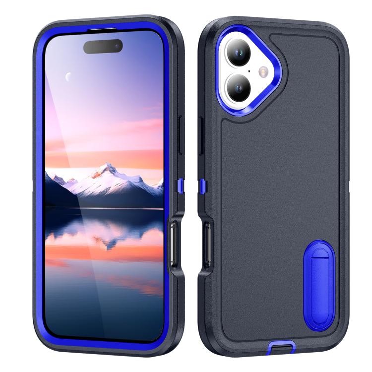 For iPhone 17 Rugged PC + Silicone Phone Case with Holder(Dark Blue+Royal Blue)