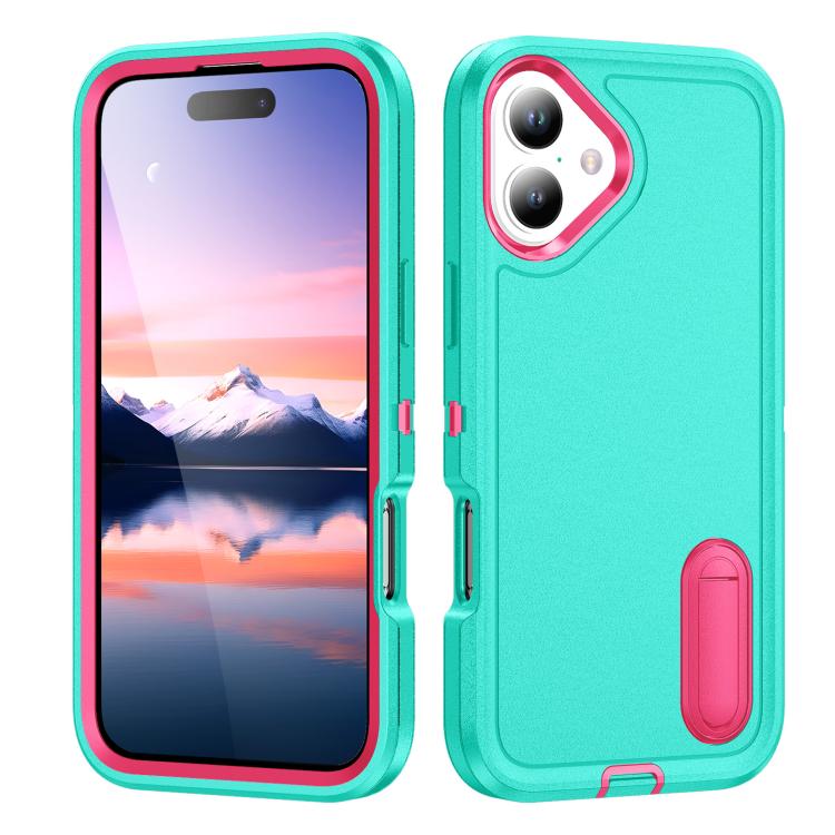 For iPhone 17 Rugged PC + Silicone Phone Case with Holder(Light Green+Rose Red)
