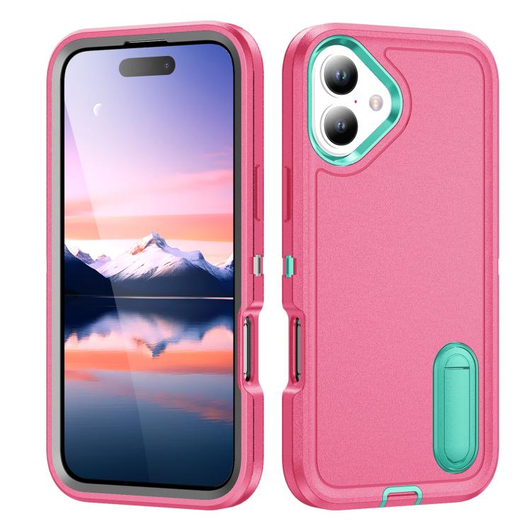 For iPhone 17 Rugged PC + Silicone Phone Case with Holder(Rose Red+Light Green)