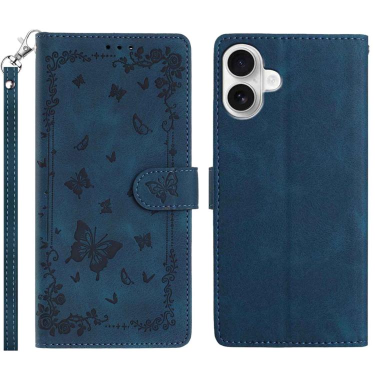 For iPhone 17 Secret Garden Butterfly Pattern Leather Phone Case(Dark Blue)