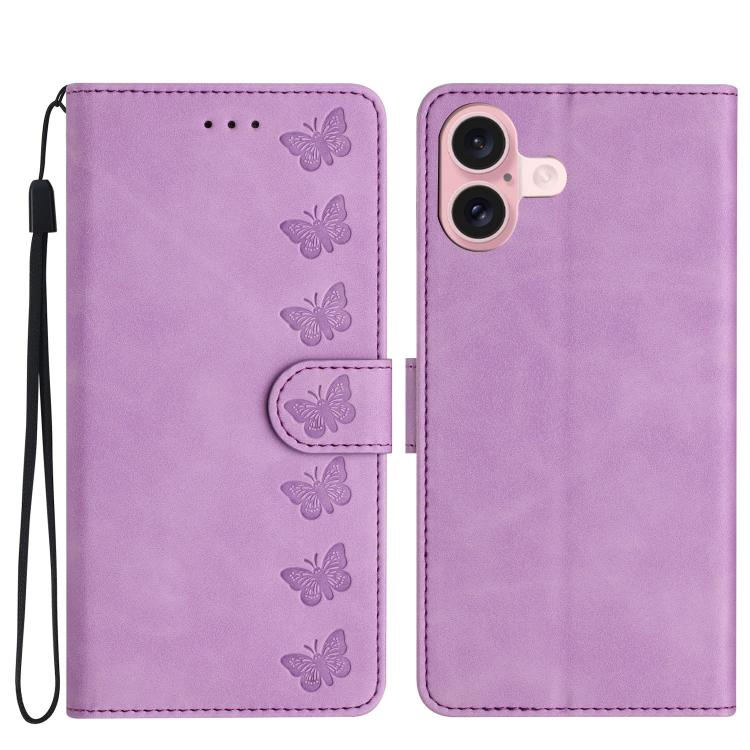 For iPhone 17 Seven Butterflies Embossed Leather Phone Case(Purple)